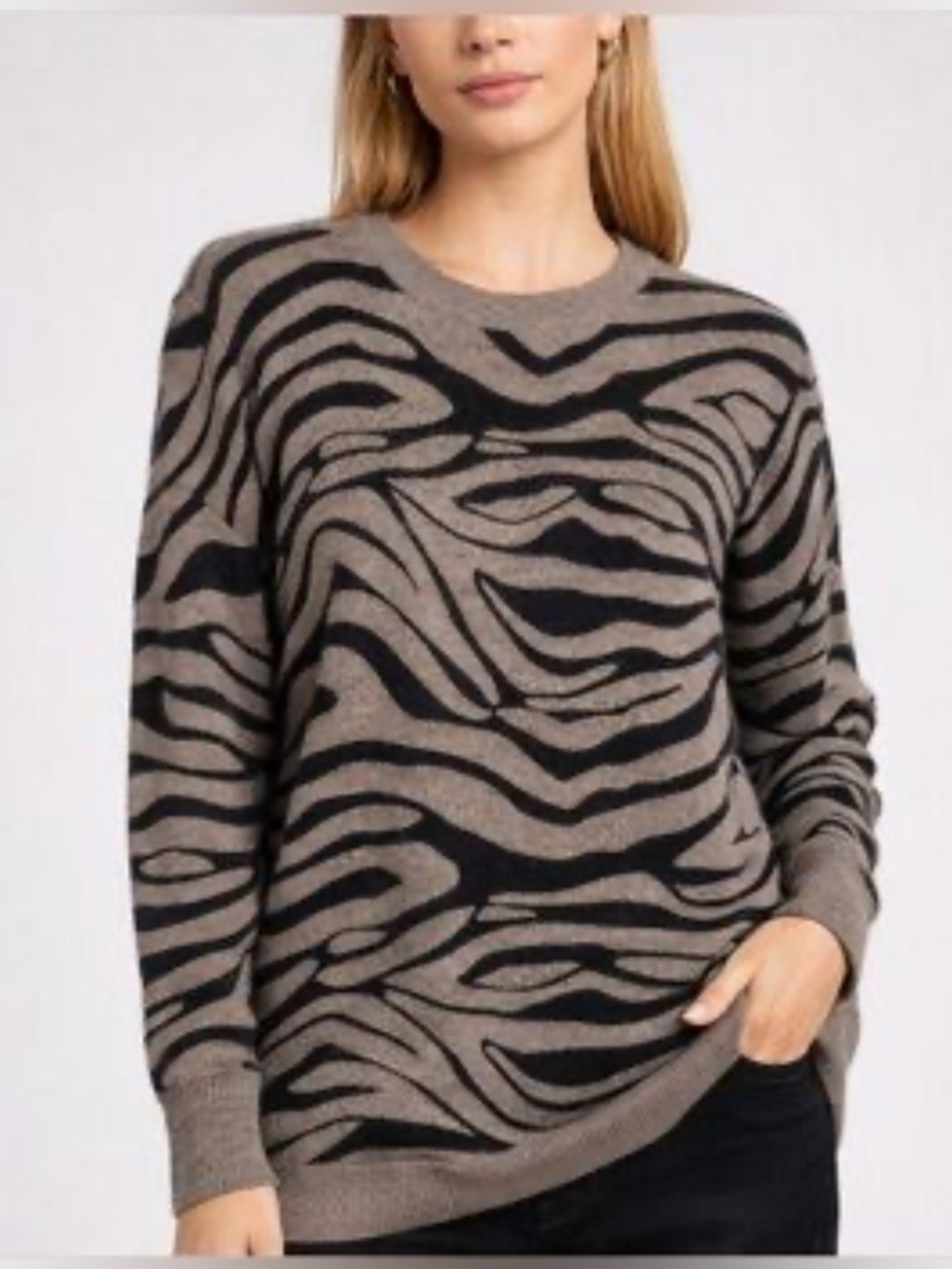 C By Bloomingdale’s Women 100% 2-ply Cashmere Sweater Brown Black Zebra Size S
